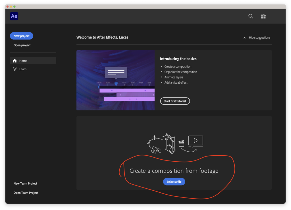 After Effects window with "Create a composition from footage" circled.